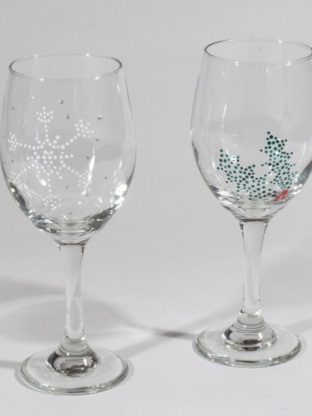 Hand Painted Christmas Wine Glasses, Set of 2 with Holly and Snowflake Design